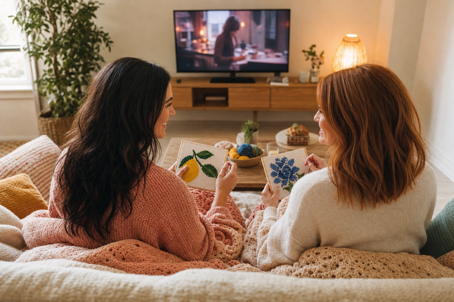 Two friends smile and chat while needlepointing under cozy blankets on a couch, photographed from behind