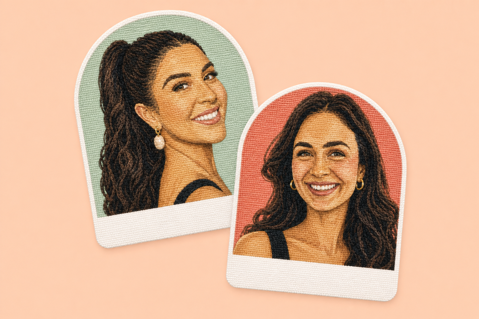 Softly needlepoint-stitched portraits of founder Jess and her sister Nicki