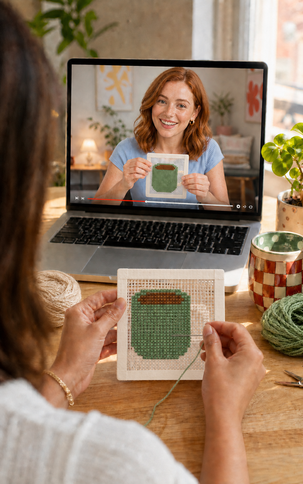 A beginner stitches a canvas while a smiling instructor demonstrates the first stitches on a laptop
