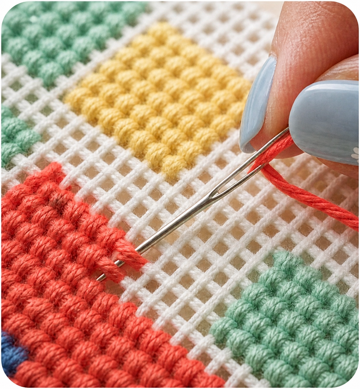 A close-up of a needle and colorful stitches on needlepoint canvas