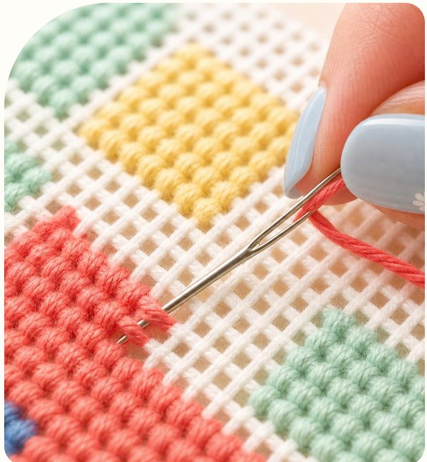 A close-up of a needle and colorful stitches on needlepoint canvas