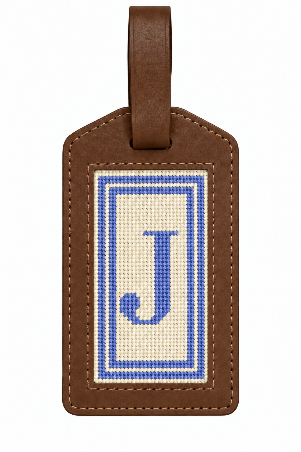 Single-letter design example: a brown vertical luggage tag with a blue letter J and border